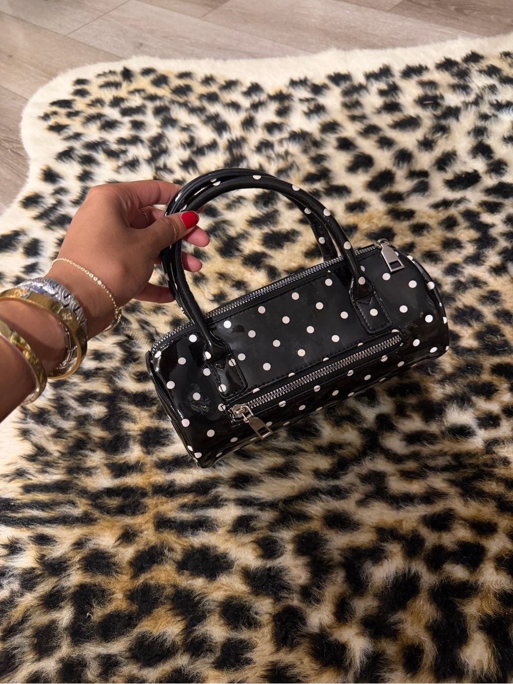 Black Polka Dot Patent Barrel Bag - Women's Handbag